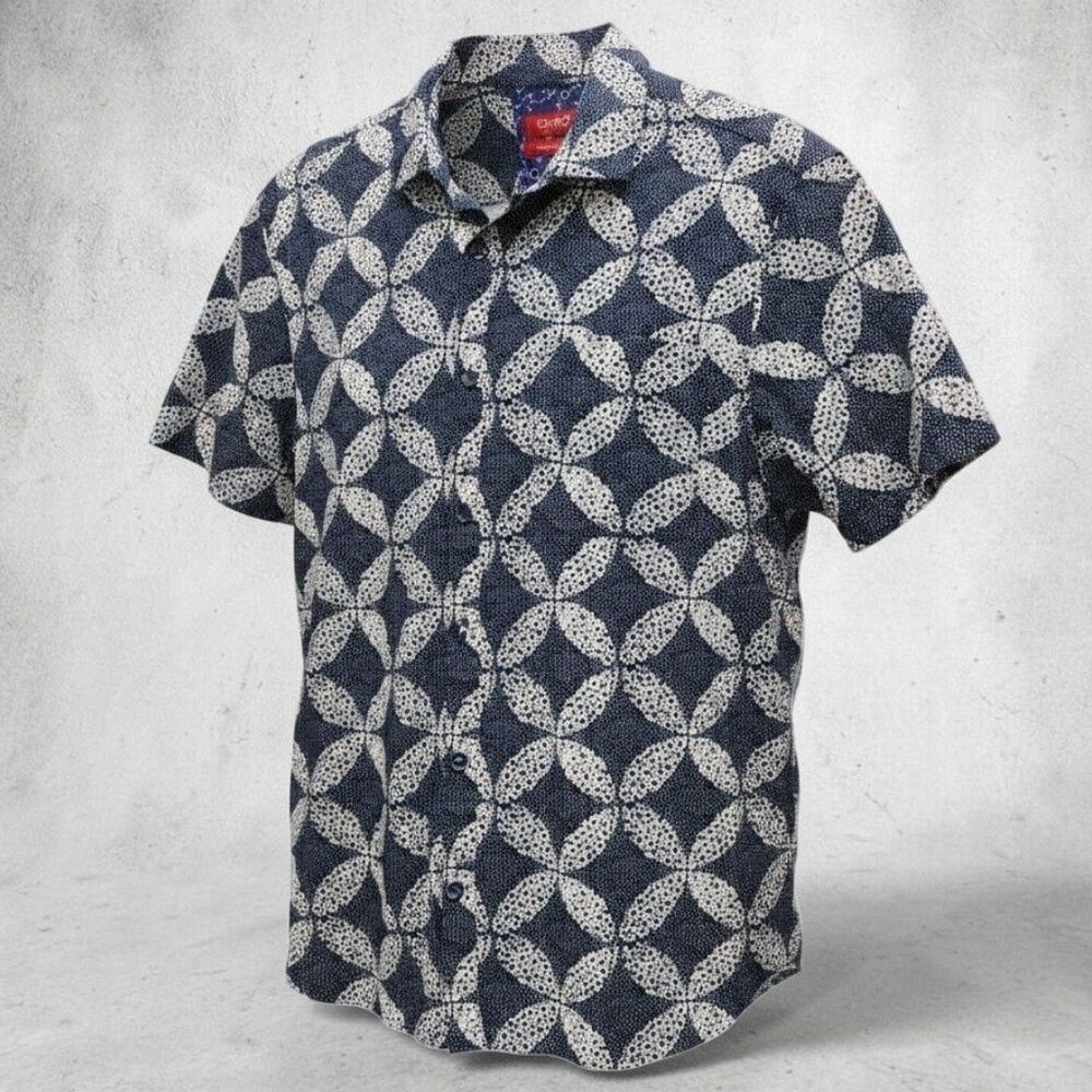 Bruno Milano Button Up Shirt Mens XL Blue Geometric Stretch Clubwear Resortwear